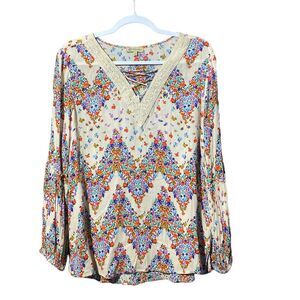 Democracy Boho Floral Crisscross V-Neck Embroidered Lace Neck Blouse Women's L